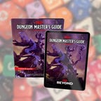 The Dungeon Master's Guide book and tablet version on a blurry dice background