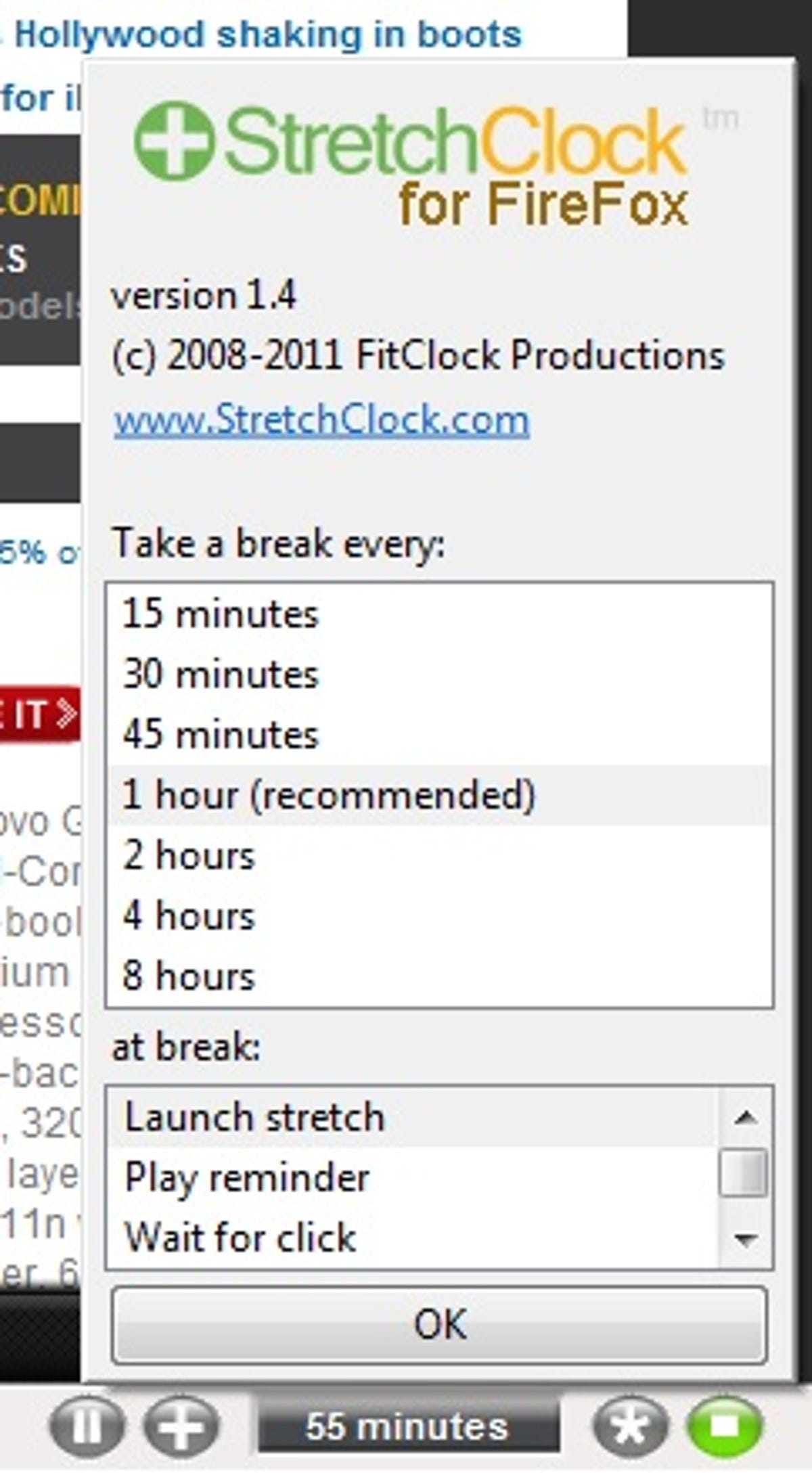 StretchClock for Firefox settings menu