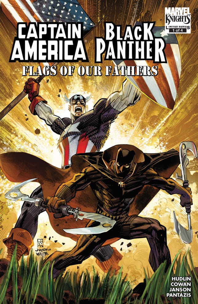 Captain America and Black Panther battle on a Flags of Our Fathers comic cover