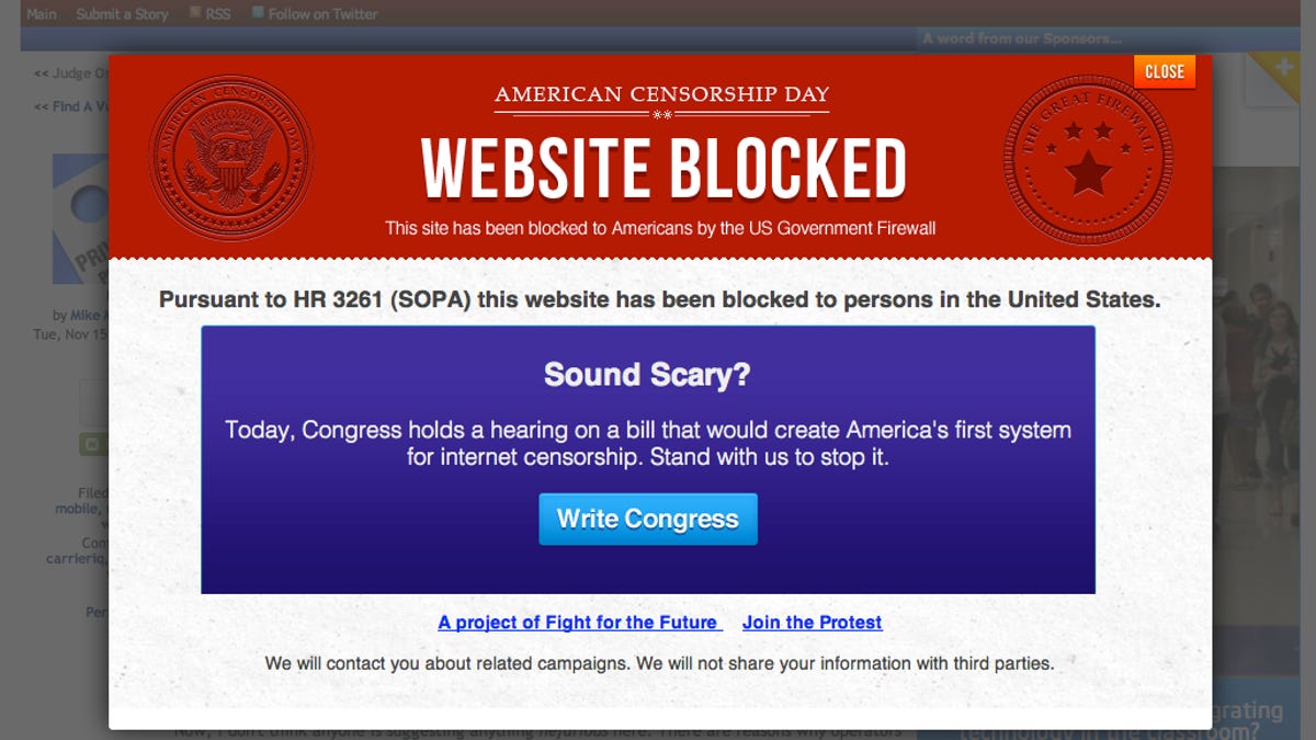 This is an example of the anti-SOPA pop-up banners that Web sites were displaying today.