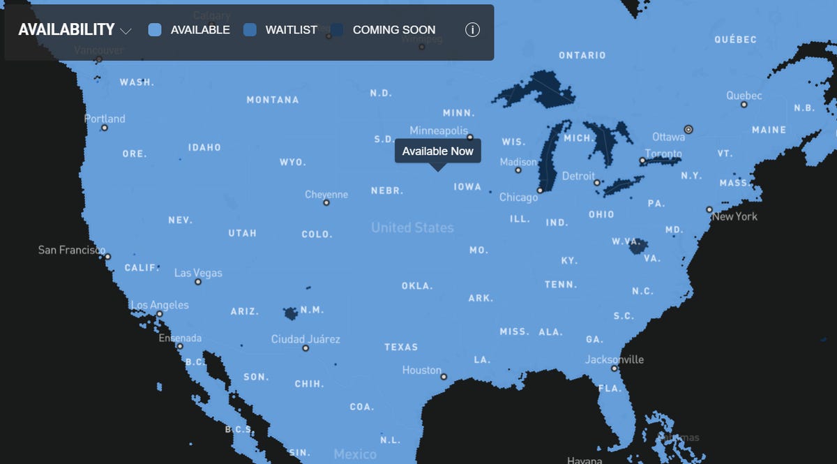 Map showing Starlink availability across the US