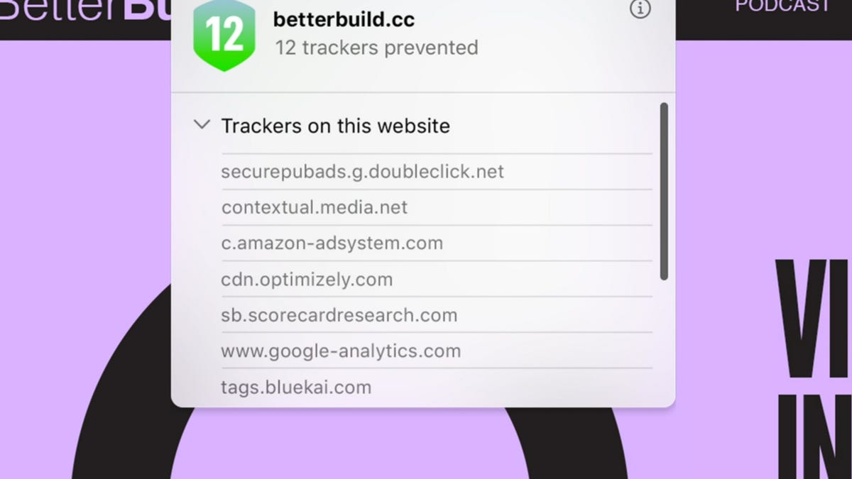 a screenshot of a demonstration by Apple of what the Safari Privacy Report will look like. A list of "Trackers on this website" is shown in a drop-down menu.