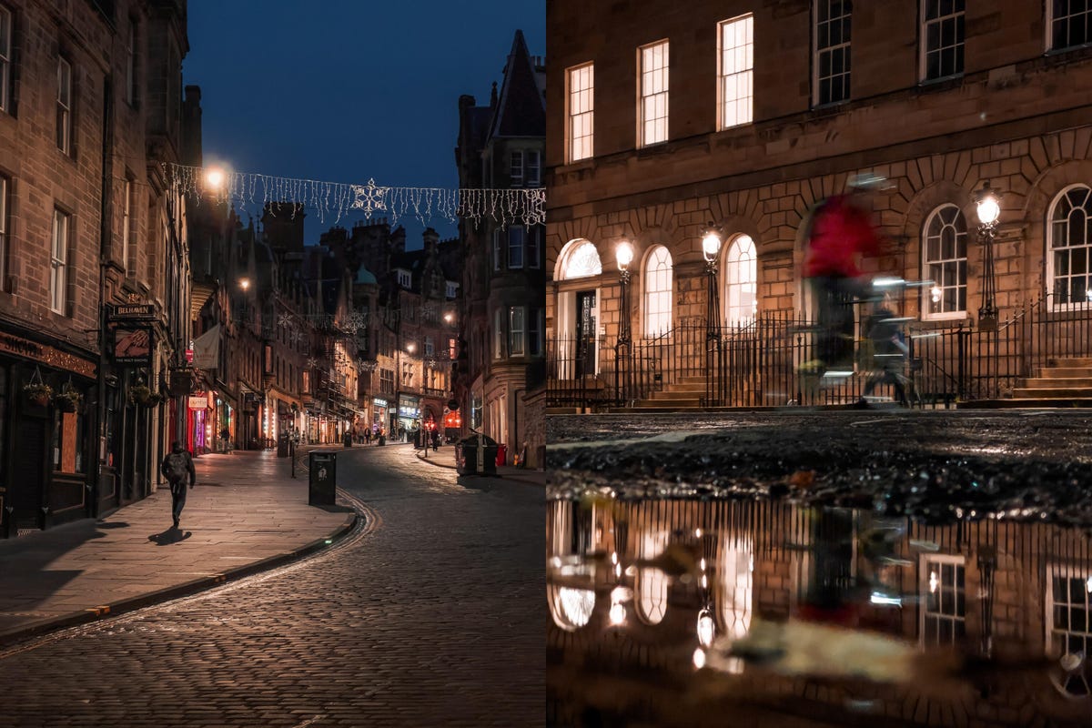 Deux exemples de photos en mode nuit, prises dans les rues sombres de la ville