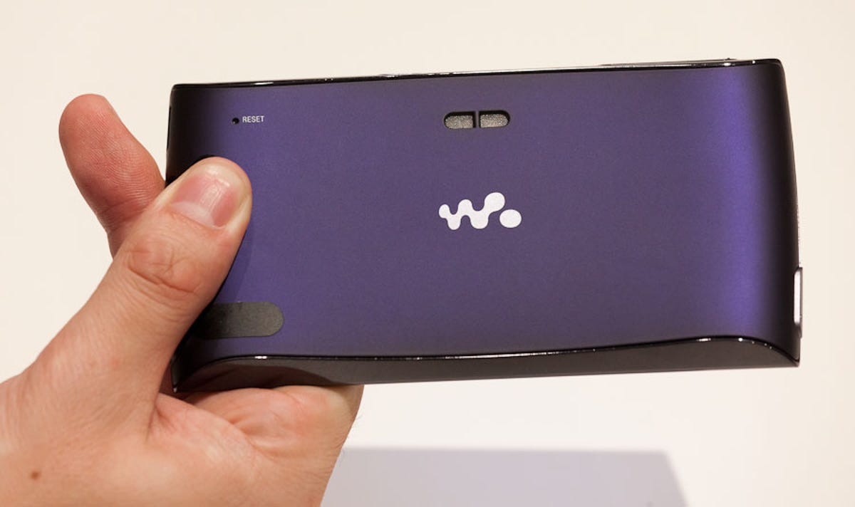 The back of the Android-powered Walkman prototype sports the "W." Walkman logo against deep purple background.