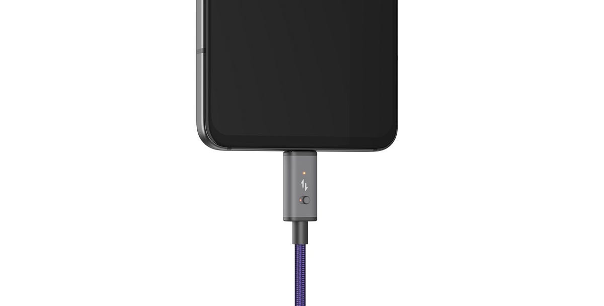 The OSOM OV1 comes with a cable, pictured, which has a manual switch to prevent data transfer when charging the phone.