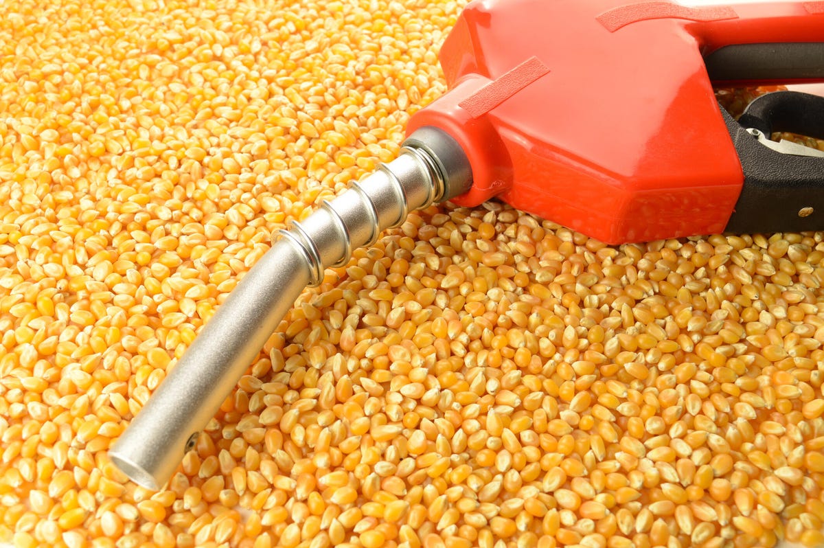A gas nozzle on a pile of corn