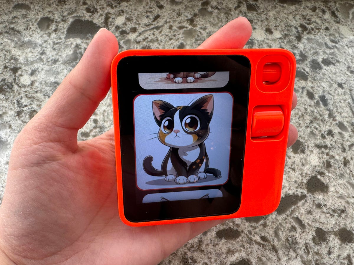 The Rabbit R1 showing a cartoonish cat on screen