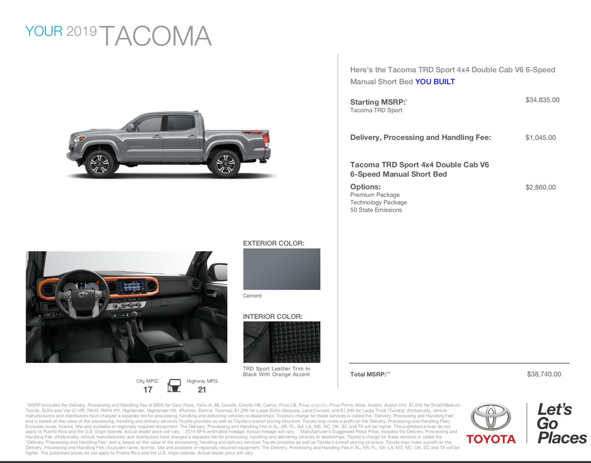 2019 Toyota Tacoma TRD build sheet