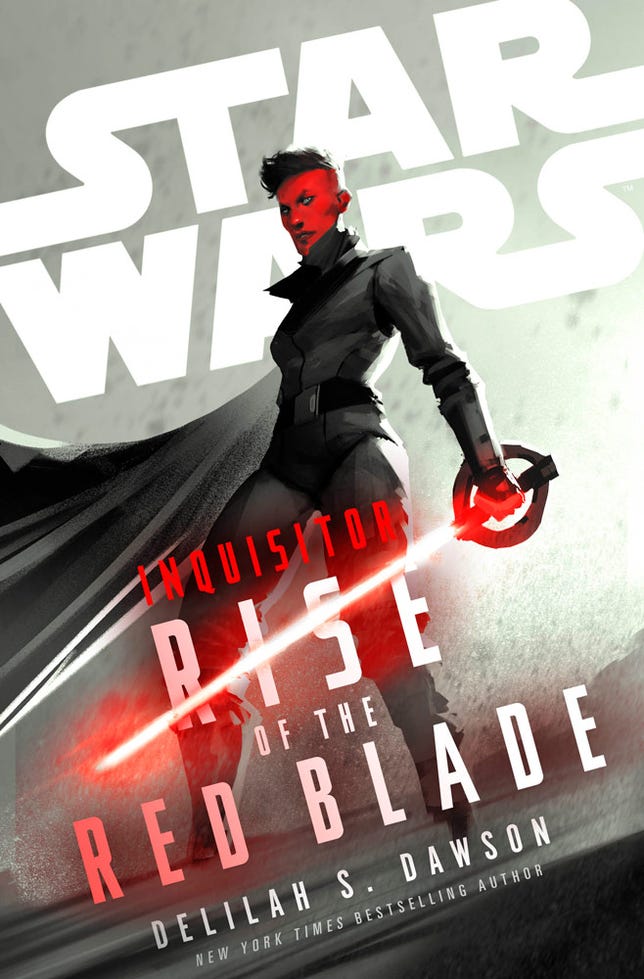 Imperial Inquisitor Iskat poses with her red lightsaber on the cover of Star Wars: Rise of the Red Blade
