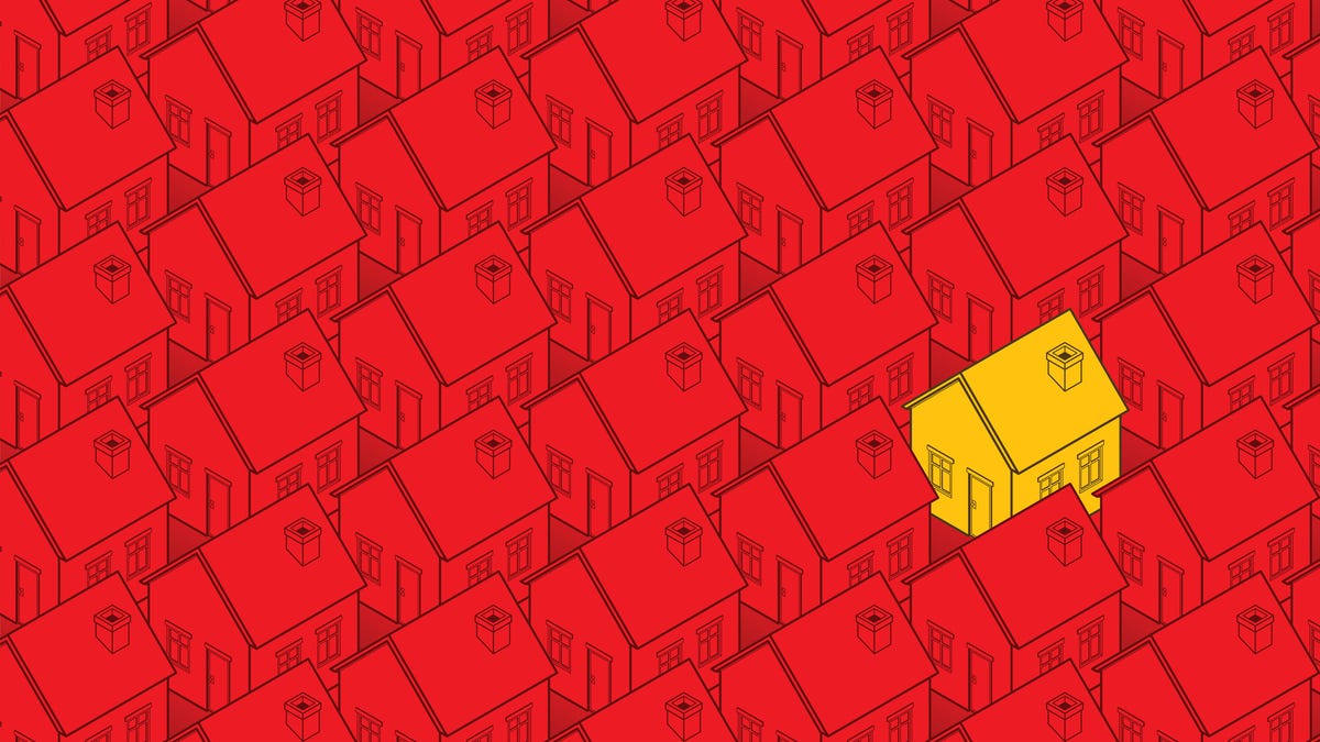 Colored illustration of rows of homes in red with one in yellow