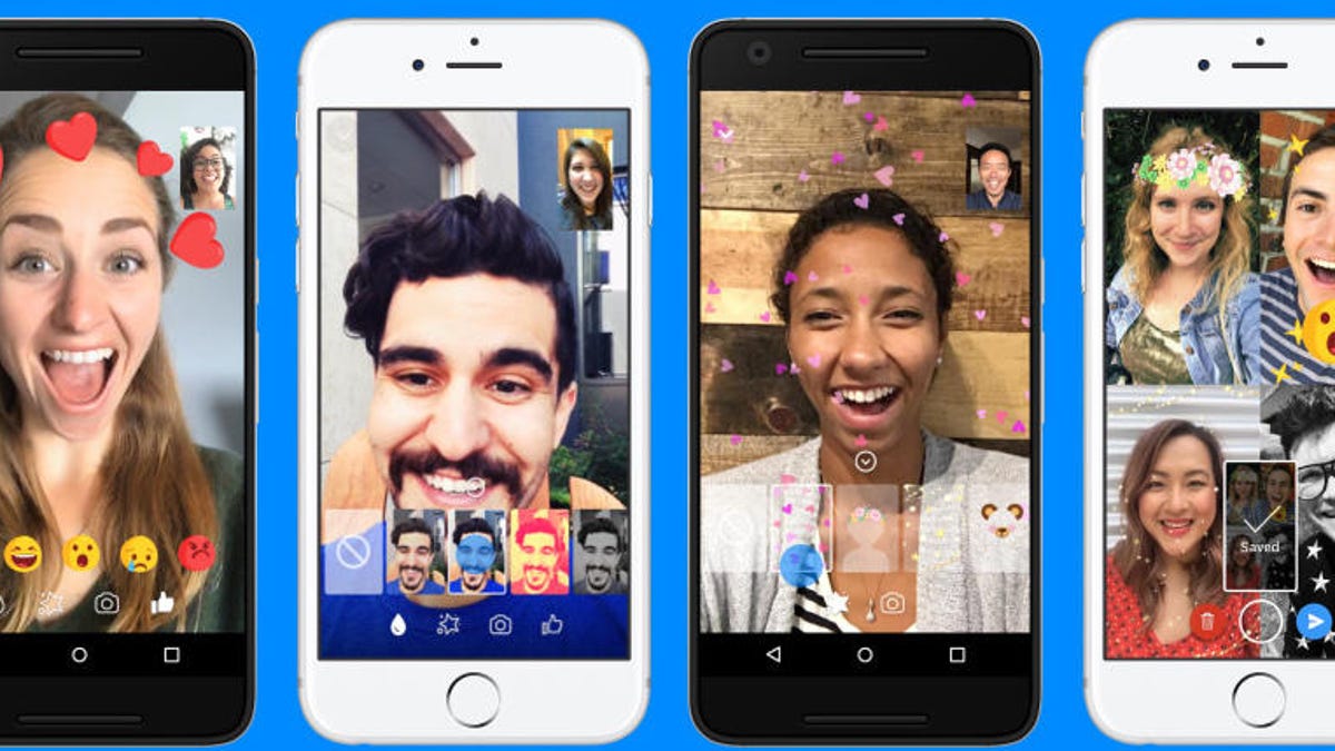 Four phone screens show examples of filters and animations in Messenger group chat