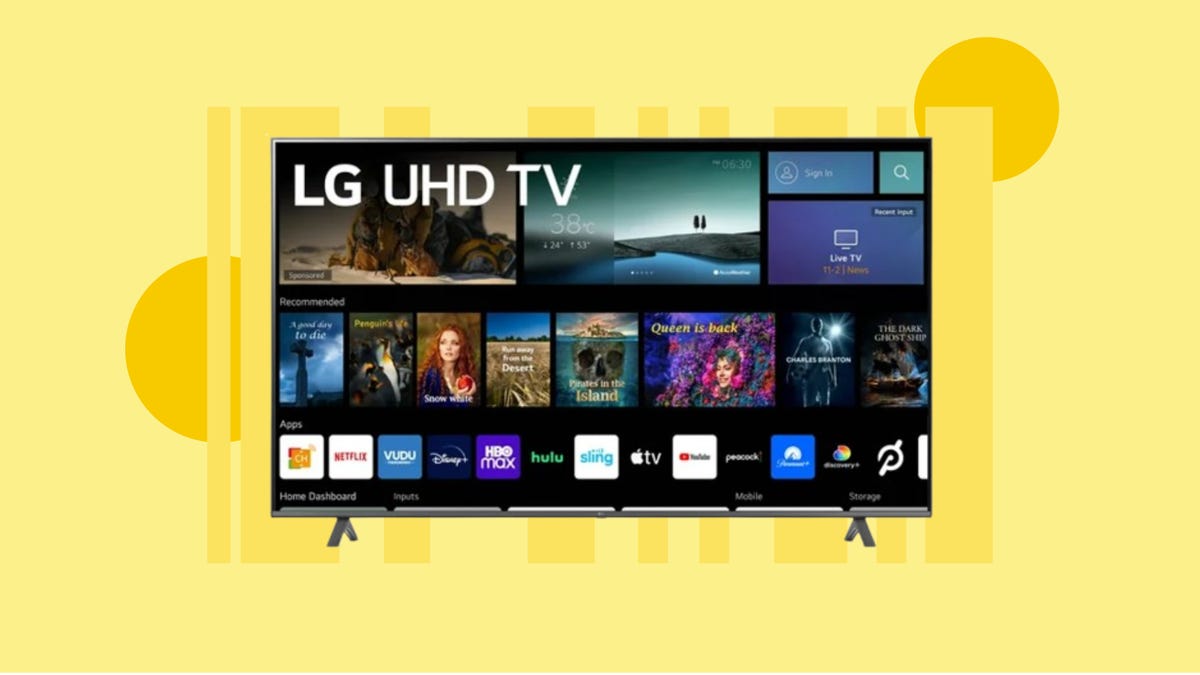The 70-inch LG UHD 4K smart TV is displayed against a yellow background.