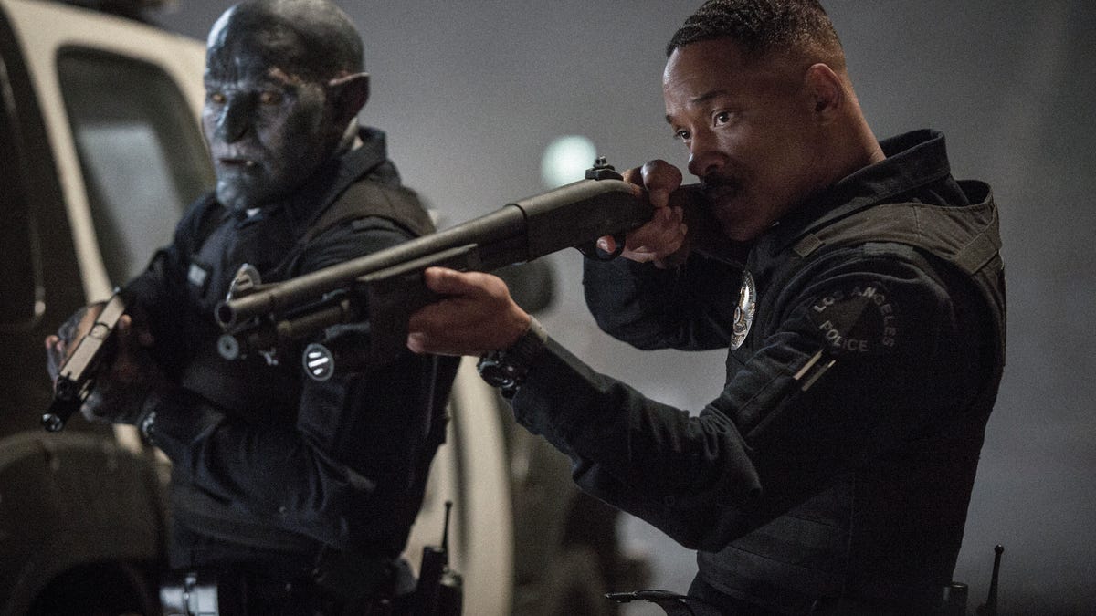 Will Smith, playing Ward in "Bright," holds a gun next to his orc partner