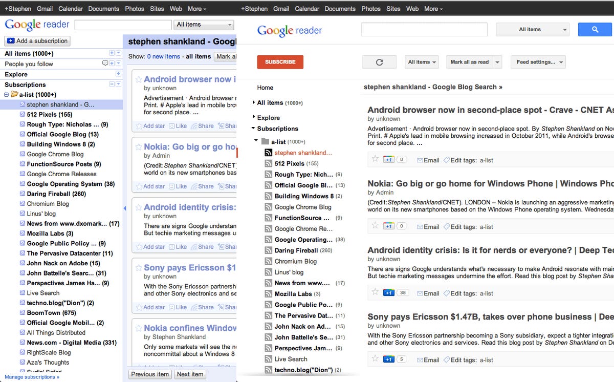 The redesigned Google Reader (right) uses less color and more white space.