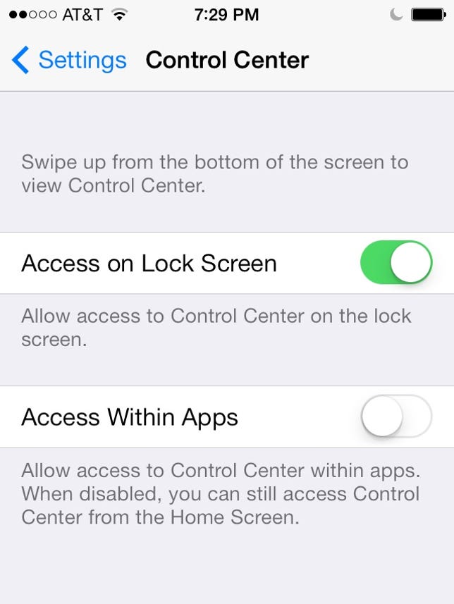 iOS 7 Control Center settings
