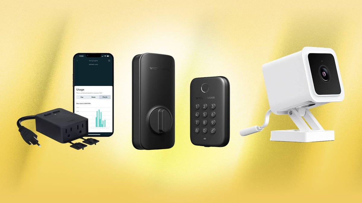 Wyze products including a smart plug, a smart lock and a security camera are displayed against a yellow background.