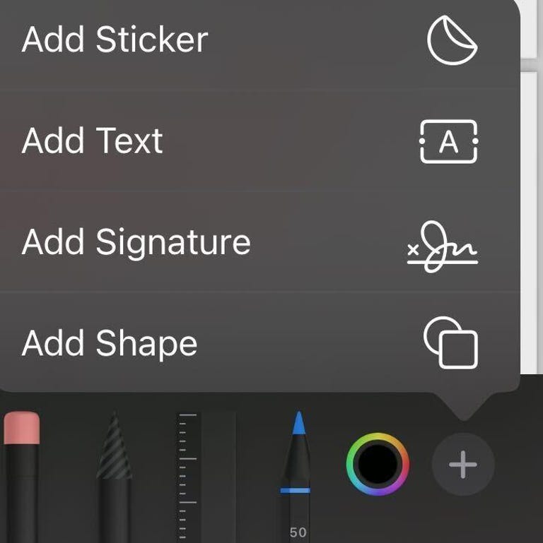 Menu showing Add Sticker, Add Text, Add Signature and Add Shape