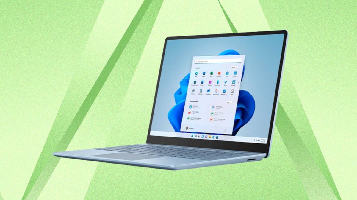The Microsoft Surface Laptop Go 2 is displayed against a green background.