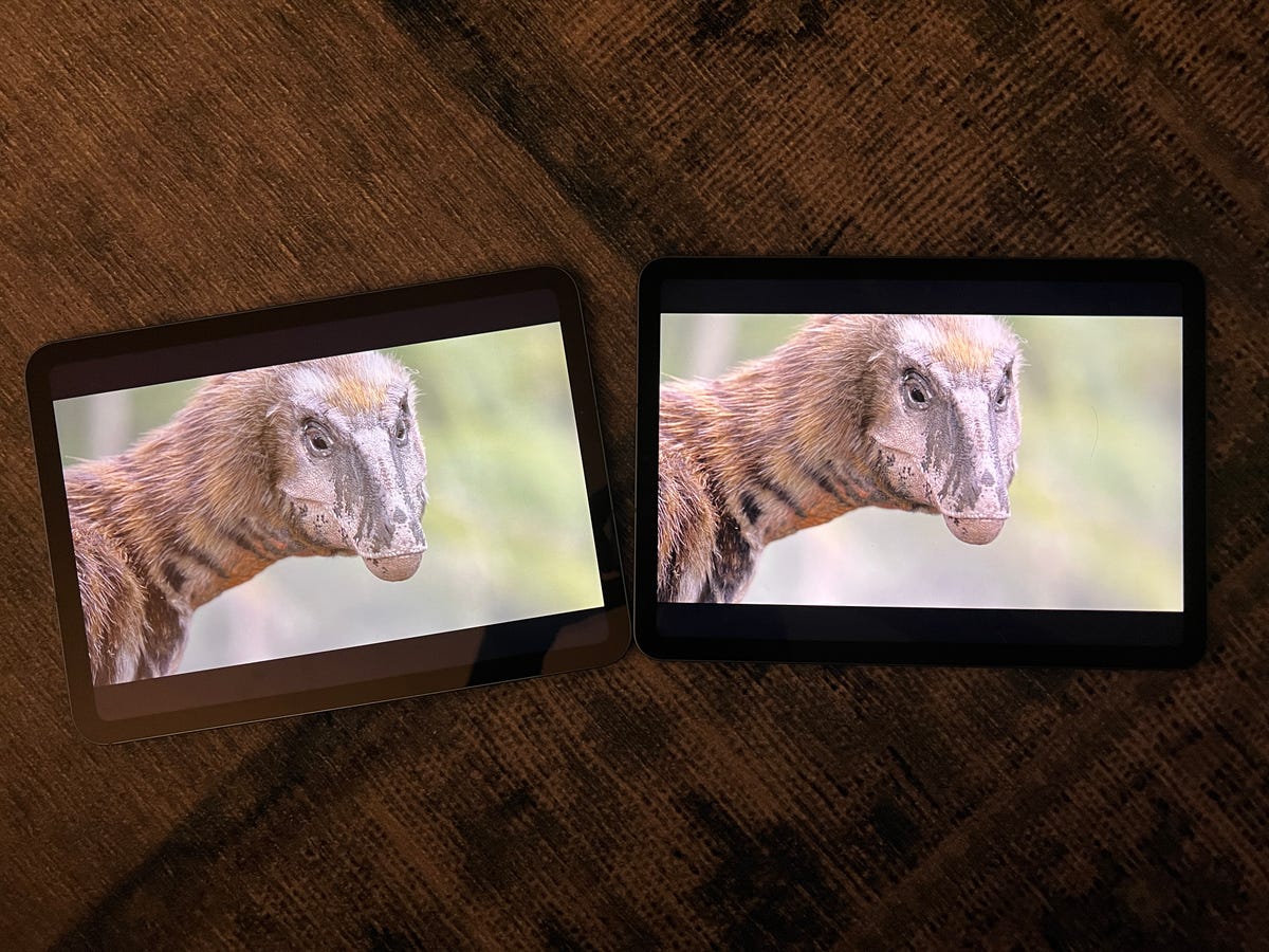 iPad 10th gen next to iPad Air, watching the same dinosaur video.