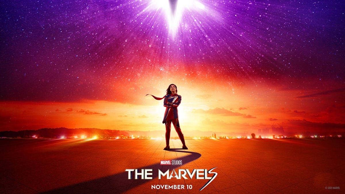 Monica Rambeau, Captain Marvel and Ms. Marvel on a theatrical poster, against a blue, purple and orange night sky