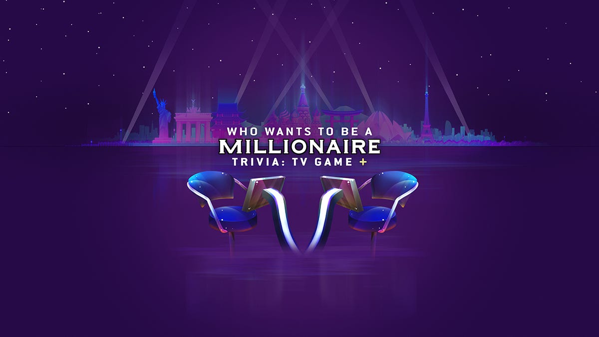Millionaire Trivia: TV Game title card showing two chairs with monitors in front of them