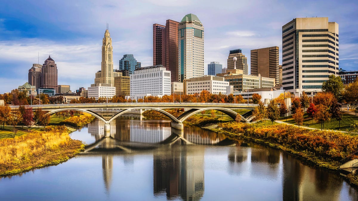 The skyline of Columbus, Ohio, with the Scioto River in the foreground.