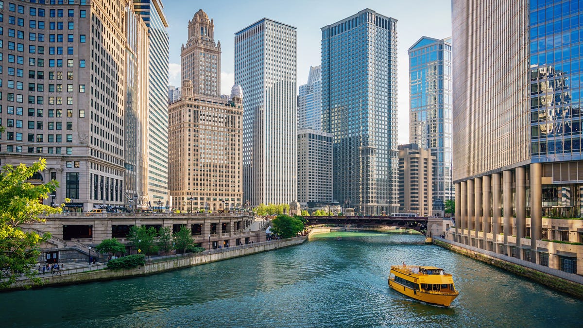 A boat cruises the Chicago River in Chicago.