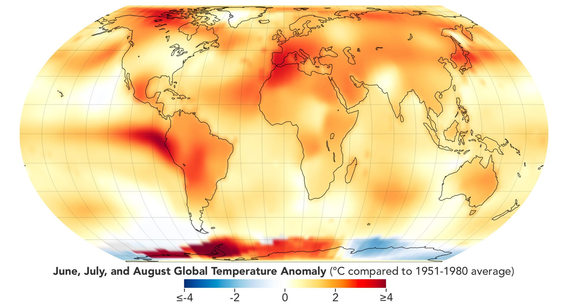 Graphic shows flattened world map with redder areas indicating temperature anomalies across the globe in summer 2023.