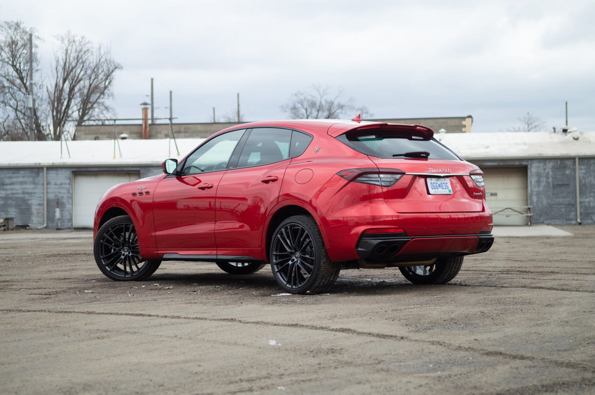 2022 Maserati Levante Trofeo in red, seen from the driver side rear quarter