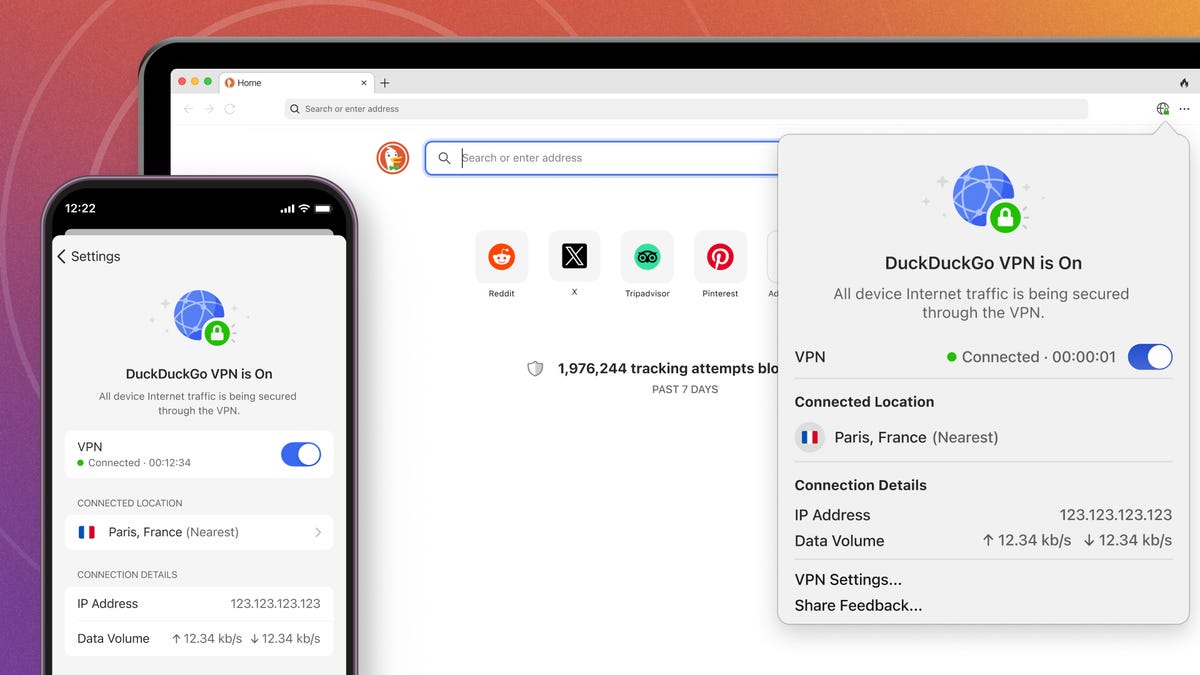 A phone and laptop showing the DuckDuckGo VPN option