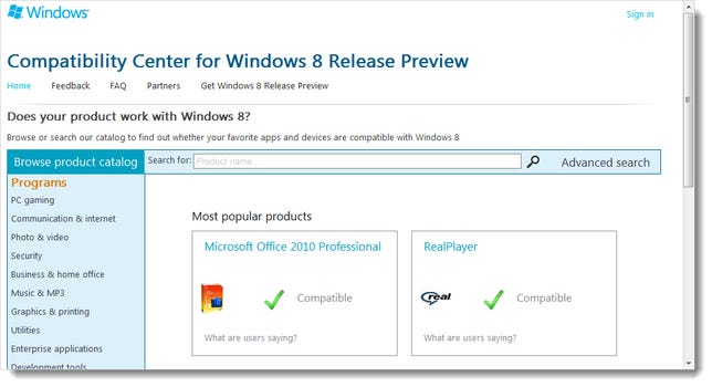 Windows 8 Compatibility Center