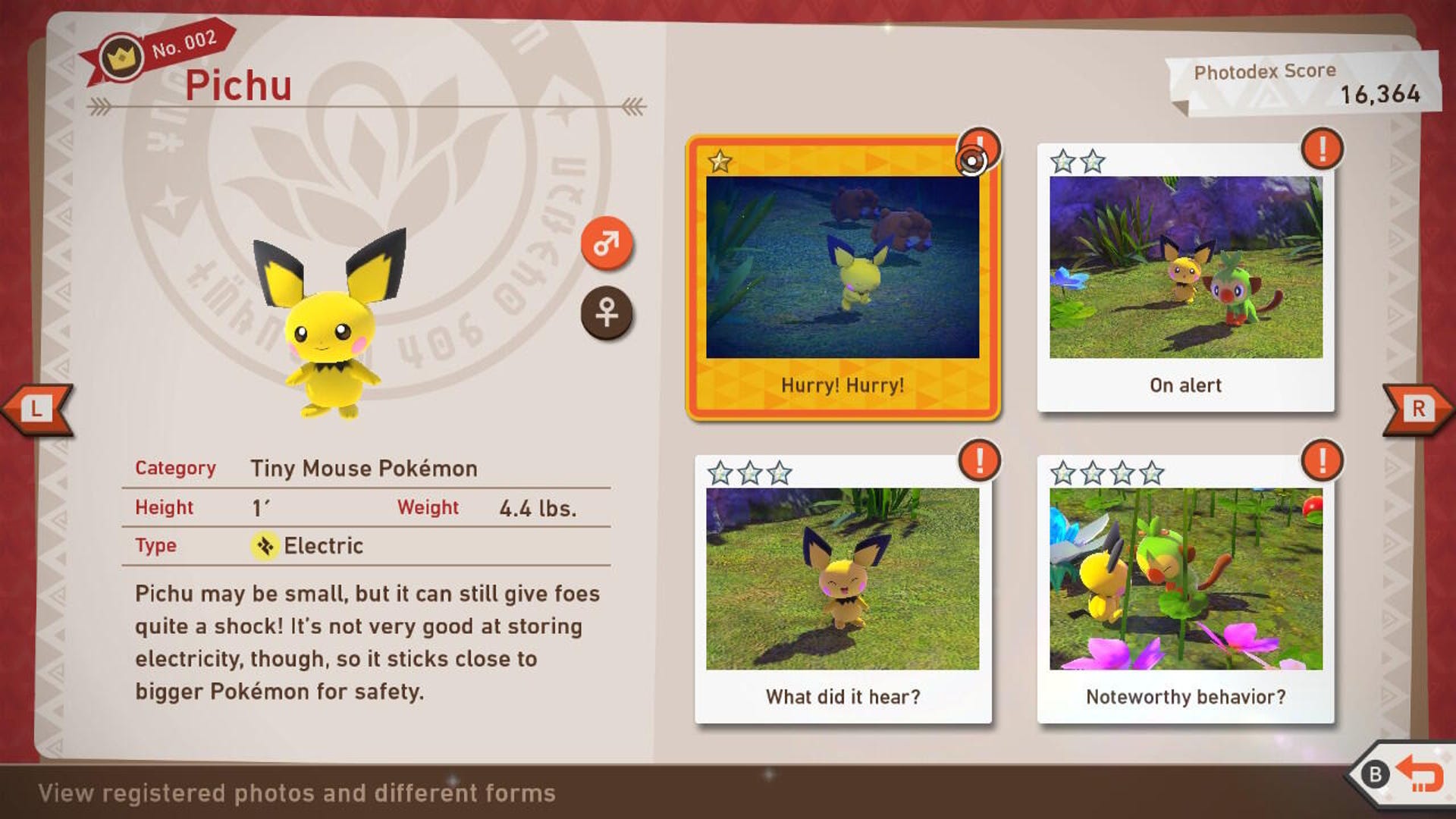 Photodex for Pichu in New Pokemon Snap