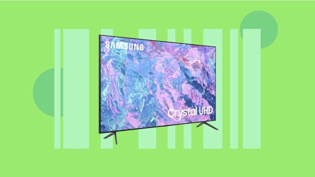 The 85-inch Samsung CU7000 Crystal UHD 4K TV is displayed against a green background.