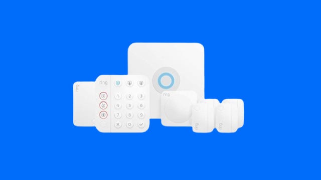 The 8-piece Ring security system with devices shown against a blue background.
