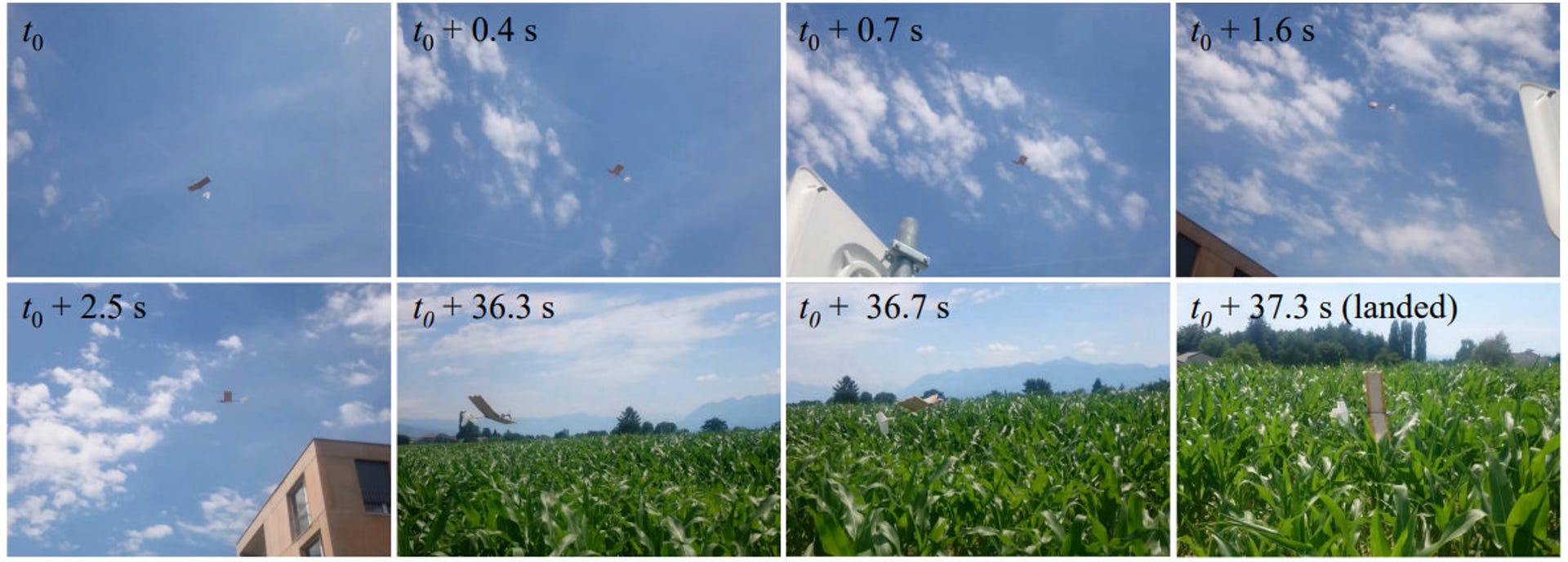 Multiple screenshots show the flight of an edible drone against a blue sky and then landing in a field.