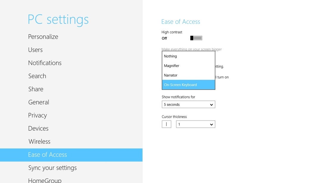 Microsoft Surface RT Ease of Access settings