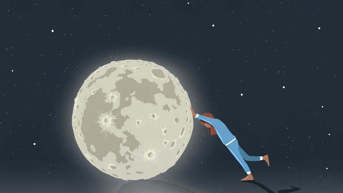 An illustration of a woman pushing a moon