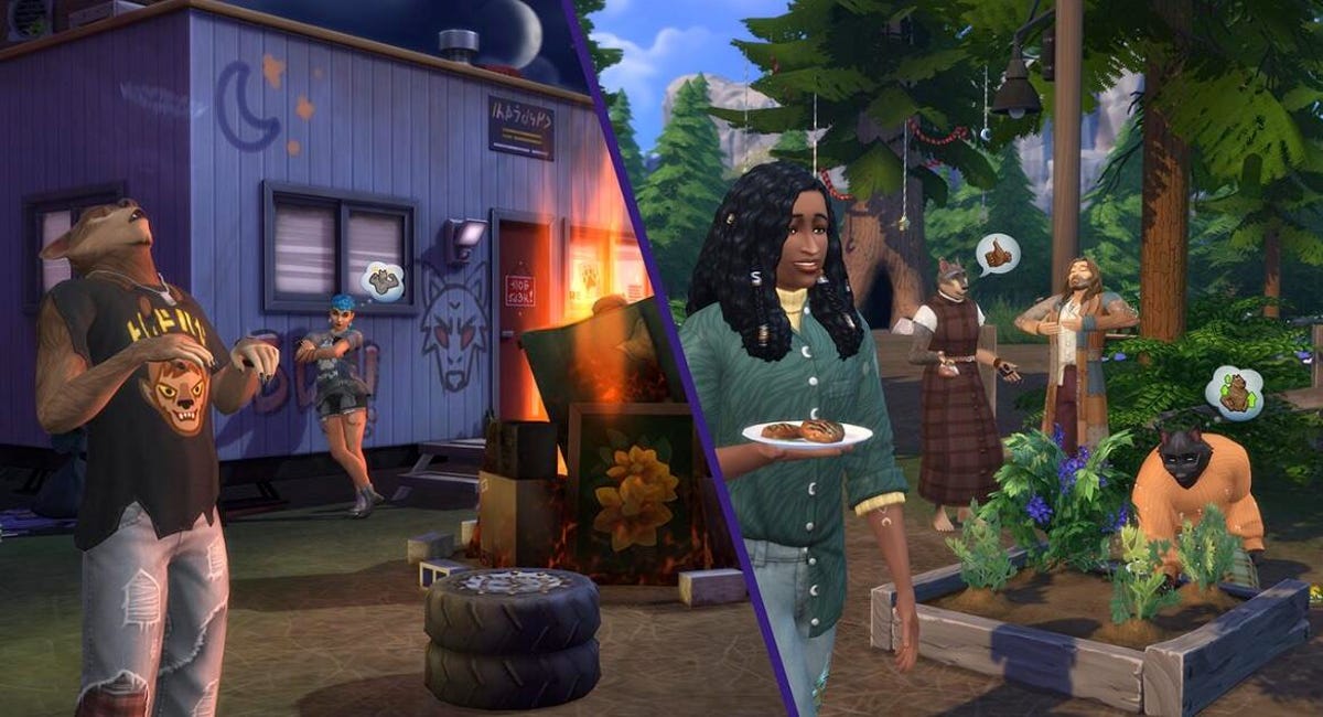 Split screen showing two scenes from Sims 4 Werewolves