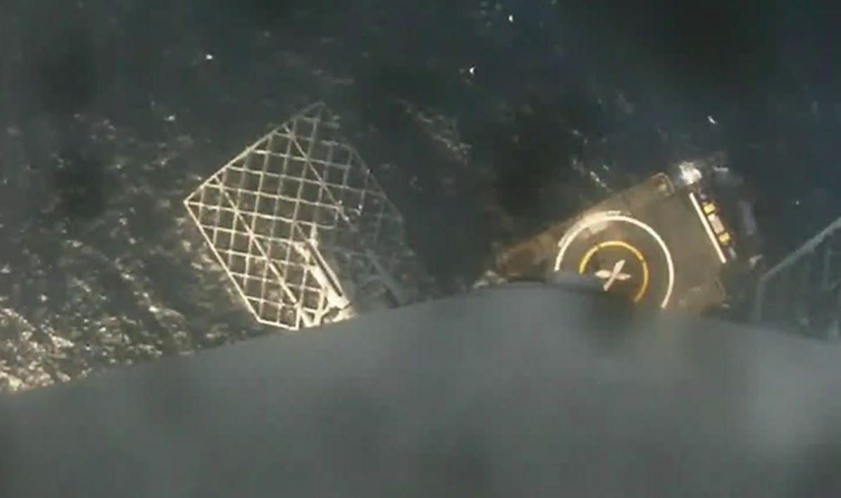 The view of the drone ship's landing pad from the Falcon 9, seconds before touchdown.