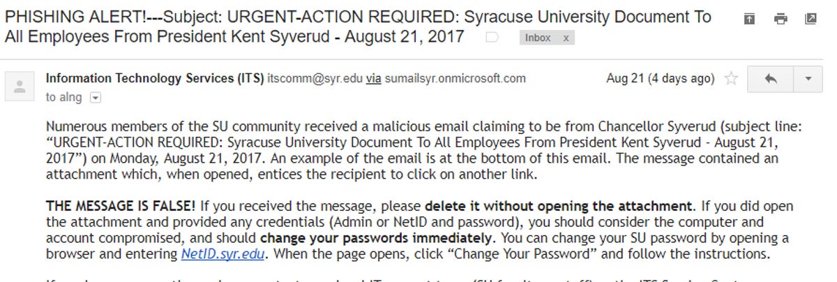 A phishing warning I received from my alma mater, Syracuse University, even two years after I graduated.