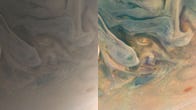 On the left is a wispy, beige version of Jupiter. On the right is the same image, except with blue, orange and yellow-ish hues.