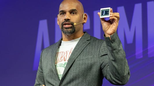 Intel AI leader Naveen Rao shows the company's Nervana NNP-T chip.