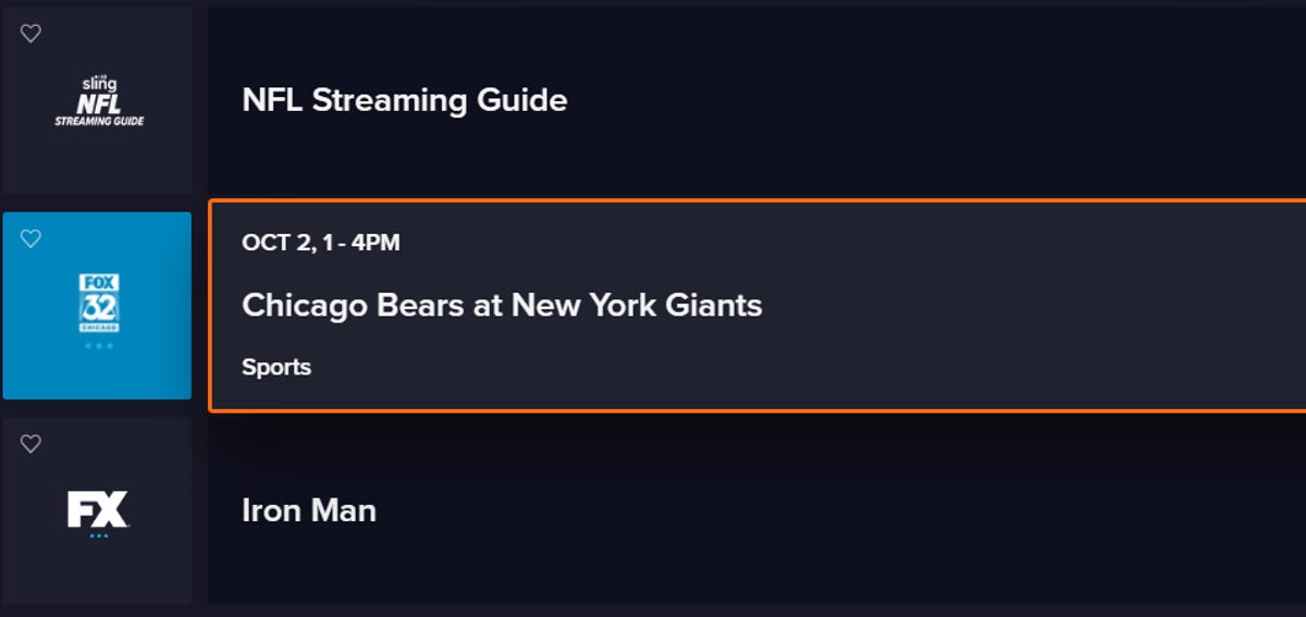A Sling TV program guide shows the Bears vs. Giants game.