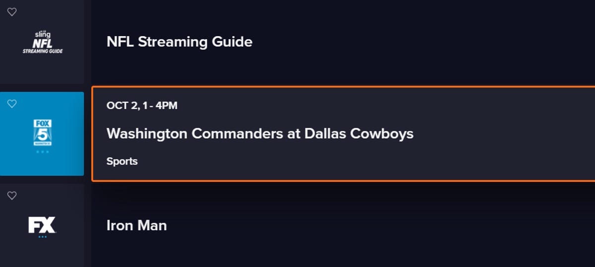A Sling TV program guide showing the Commanders vs. Cowboys game.