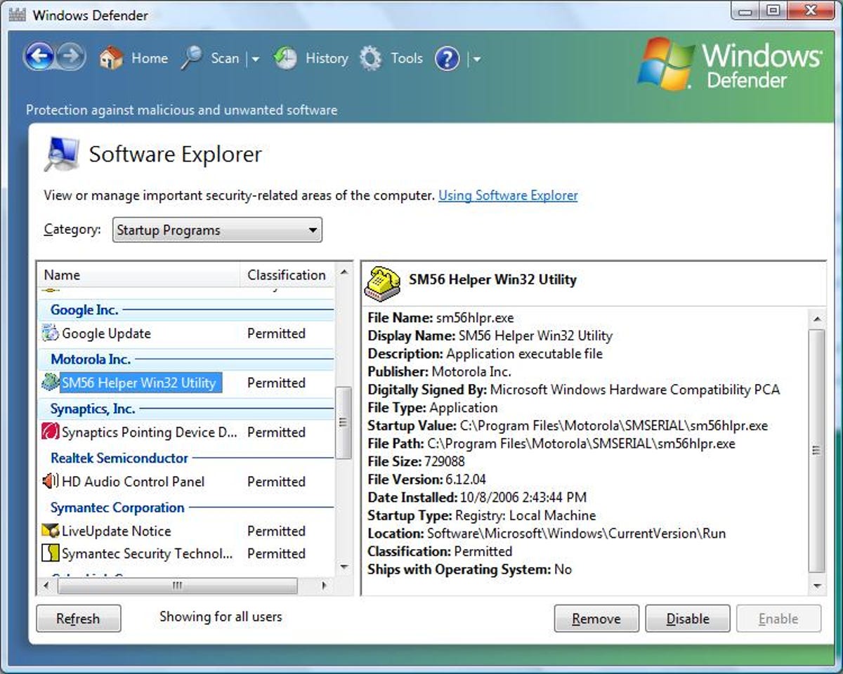 Windows Vista's Software Explorer startup list