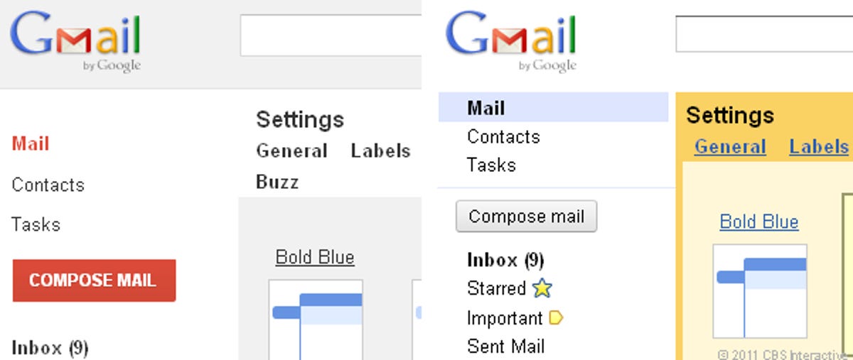 Gmail themes, then and now, side-by-side.