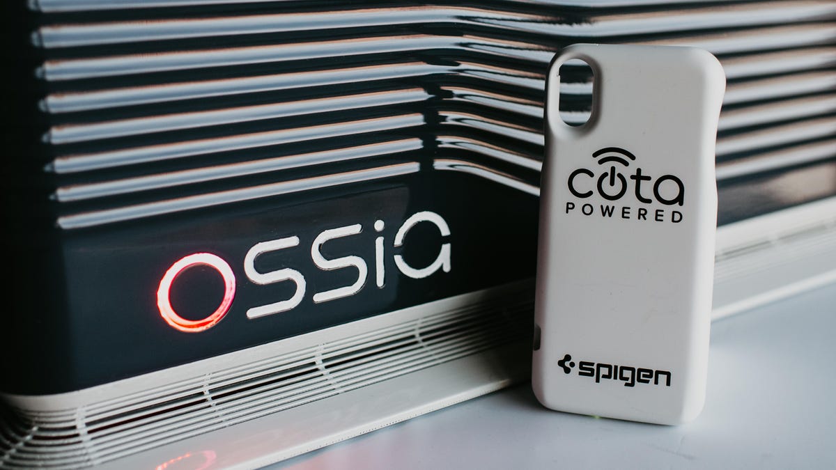Ossia&apos;s over-the-air charging system, called Cota, will go on sale through a partnership with phone case maker Spigen in coming months. The wireless transmitter shown here is much larger than a phone, but final dimensions haven&apos;t been settled.