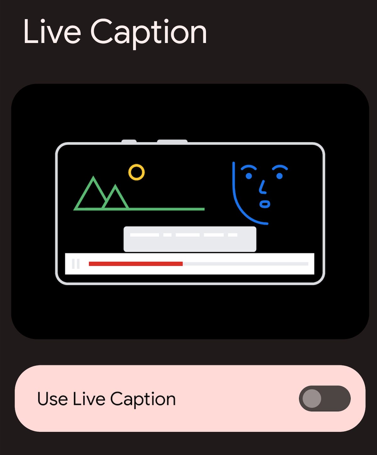 A screenshot of the Pixel's "Live Caption" setting