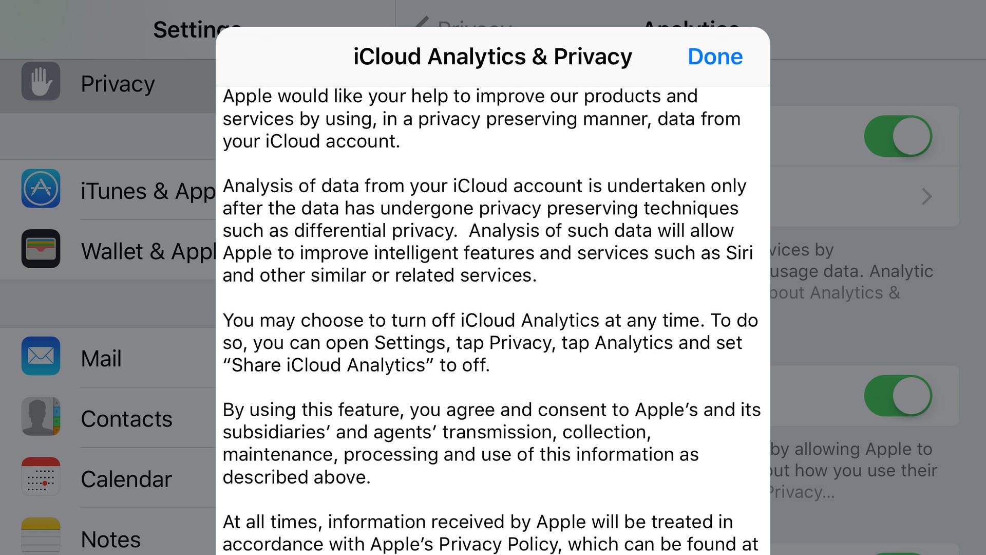 Apple's iOS 10.3 software describes how Apple wants to gather iCloud data to improve services.​