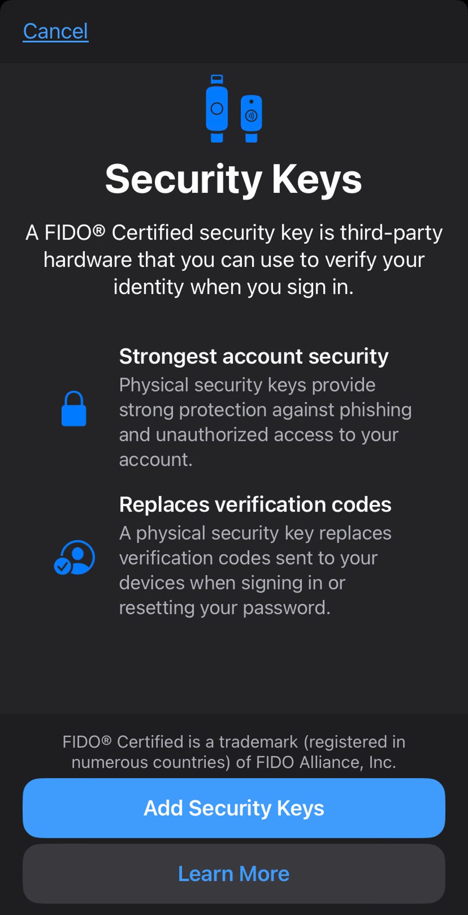 Security Keys screen in iOS 16.3 beta